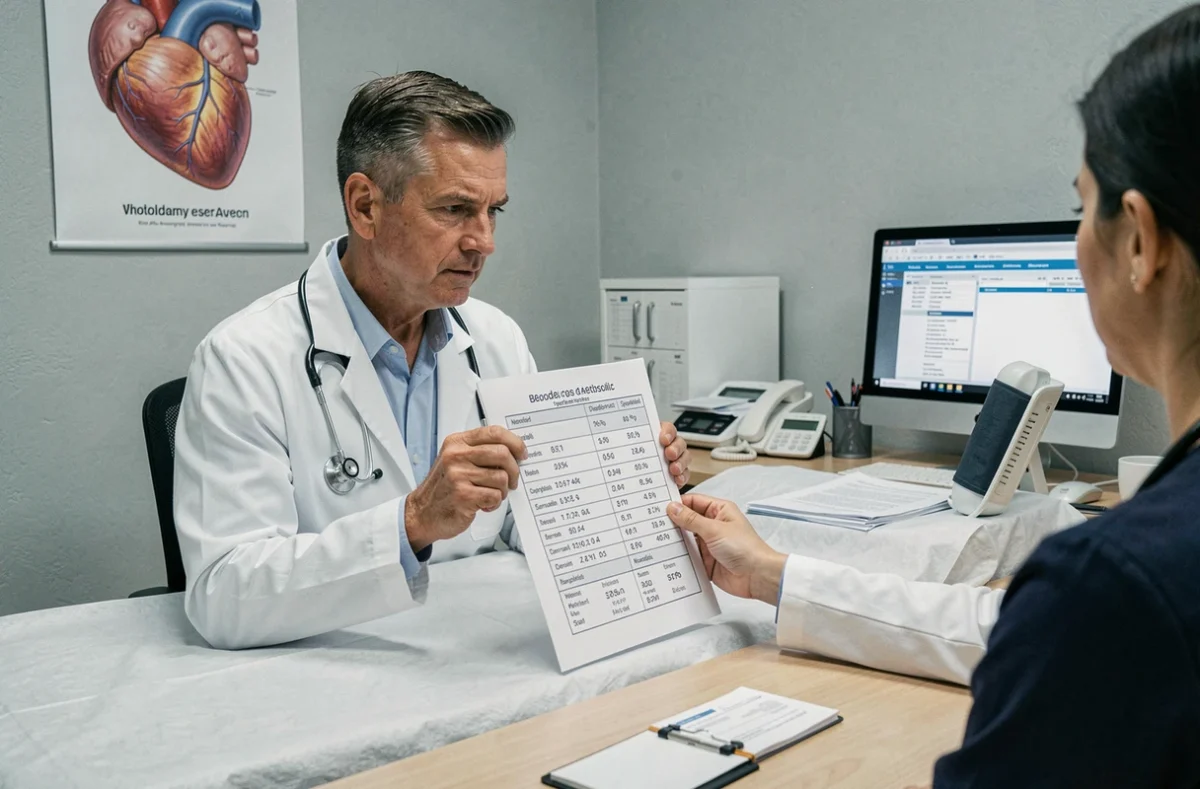 Médecin généraliste expliquant un tableau de valeurs normales de tension systolique et diastolique en consultation