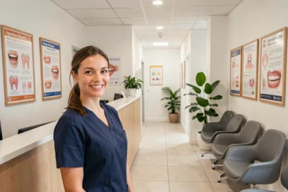 Salle d'attente moderne d'un cabinet dentaire dans le Haut-Rhin avec une réceptionniste souriante