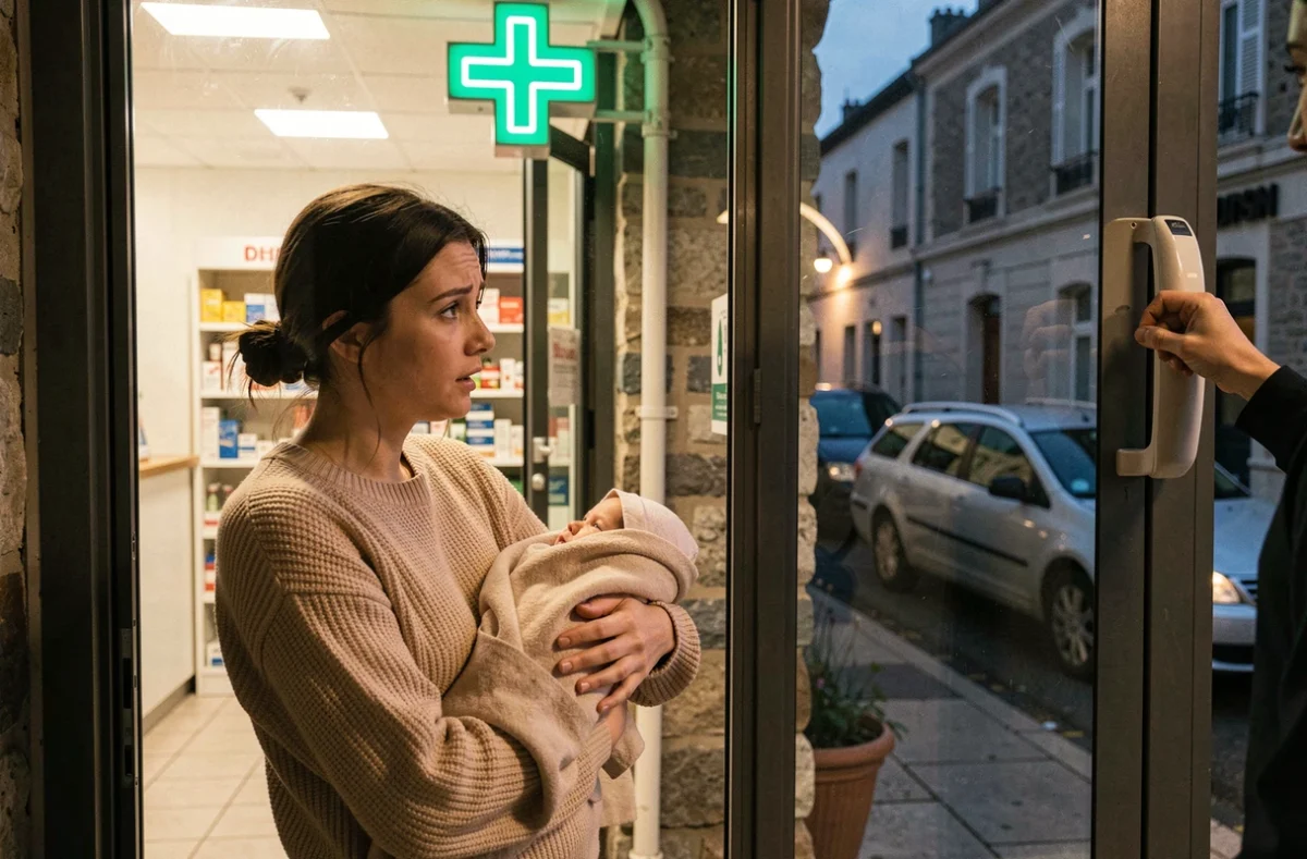 Jeune mère avec un nourrisson récupérant des médicaments à la fenêtre d'une pharmacie de garde dans le 49