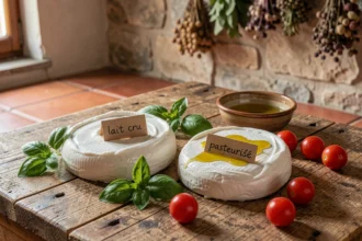 Deux portions de mozzarella di bufala côte à côte sur un comptoir rustique, l'une au lait cru et l'autre pasteurisée, avec basilic frais et tomates cerises