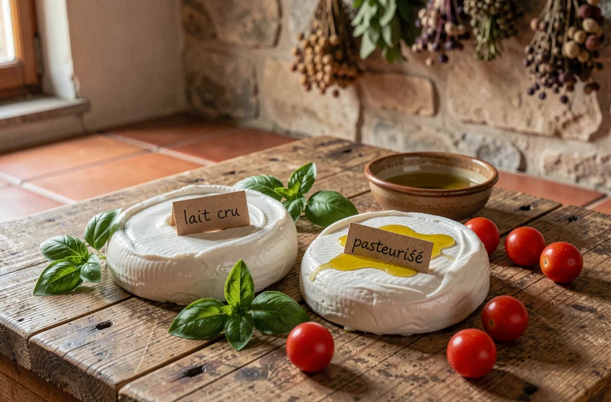 Deux portions de mozzarella di bufala côte à côte sur un comptoir rustique, l'une au lait cru et l'autre pasteurisée, avec basilic frais et tomates cerises