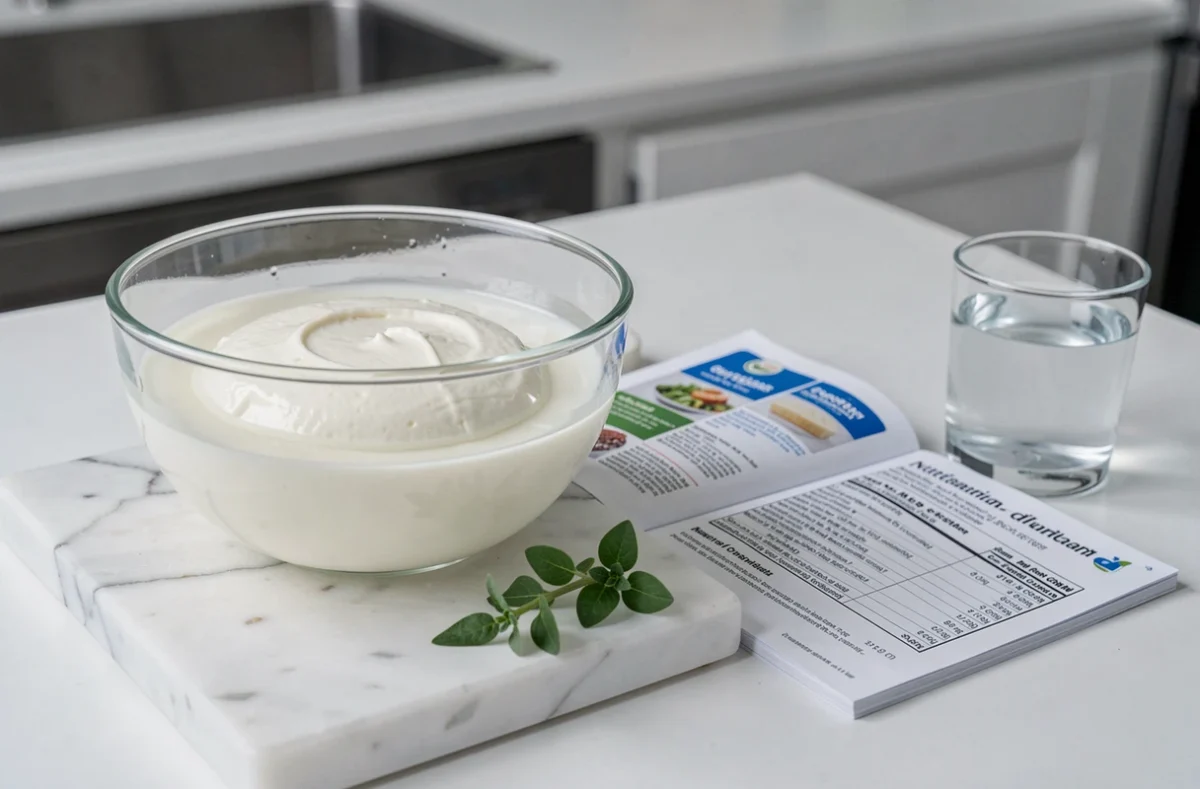 Gros plan d'une mozzarella di bufala dans son eau de conservation dans un bol en verre, accompagnée d'un livret d'information alimentaire sur la sécurité fromagère