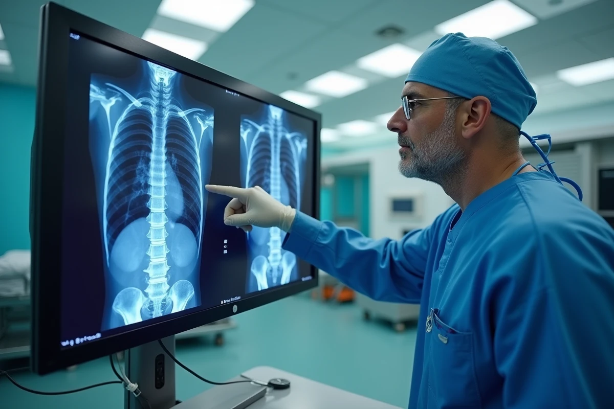 Neurochirurgien analysant une IRM lombaire avant une opération de la sciatique dans un bloc opératoire de Tours