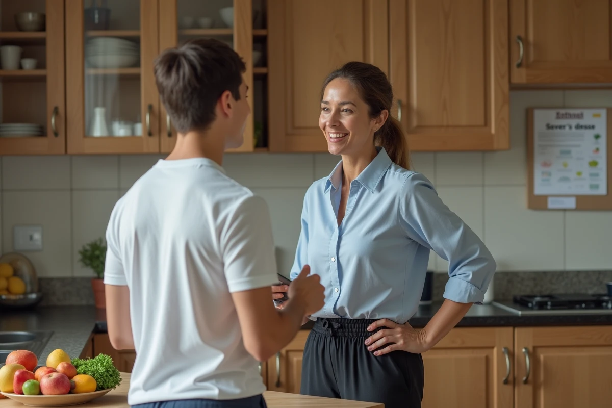 Femme nutritionniste parlant avec un jeune athl&egrave;te dans une cuisine