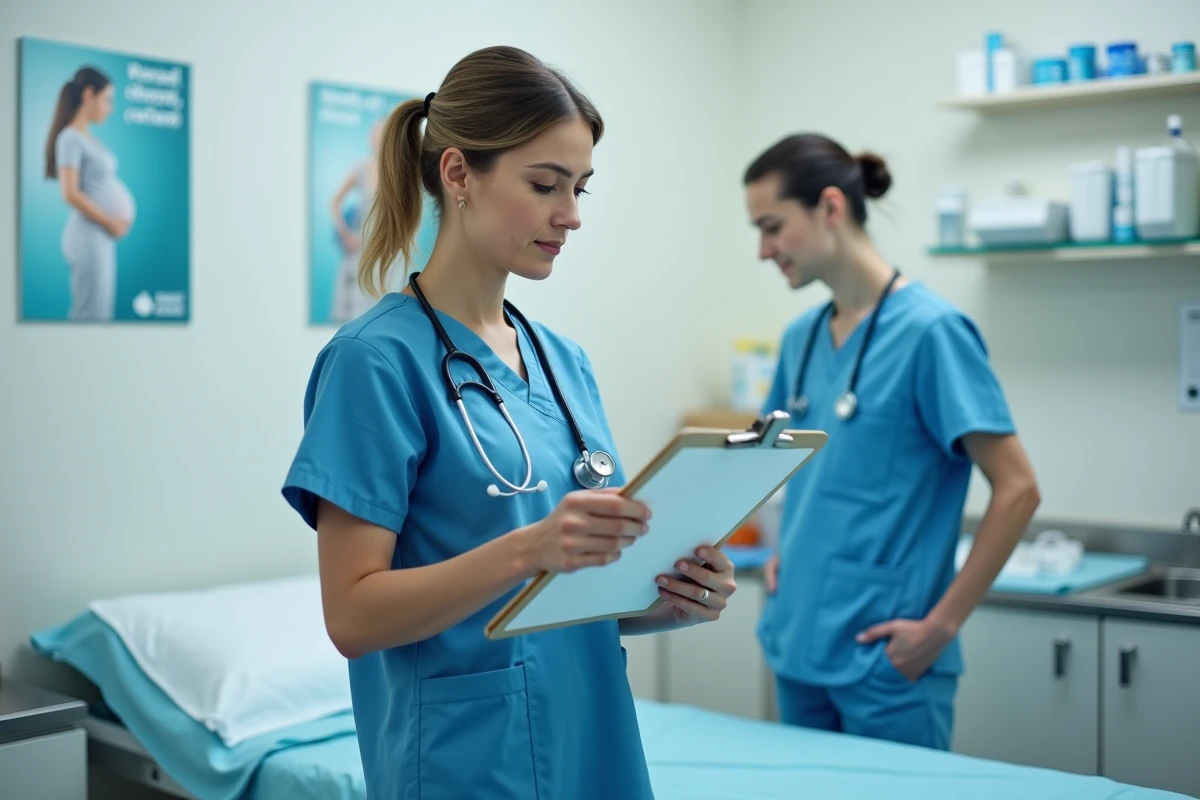 Obstétricienne en salle de consultation maternité examinant le dossier médical d'une patiente en travail
