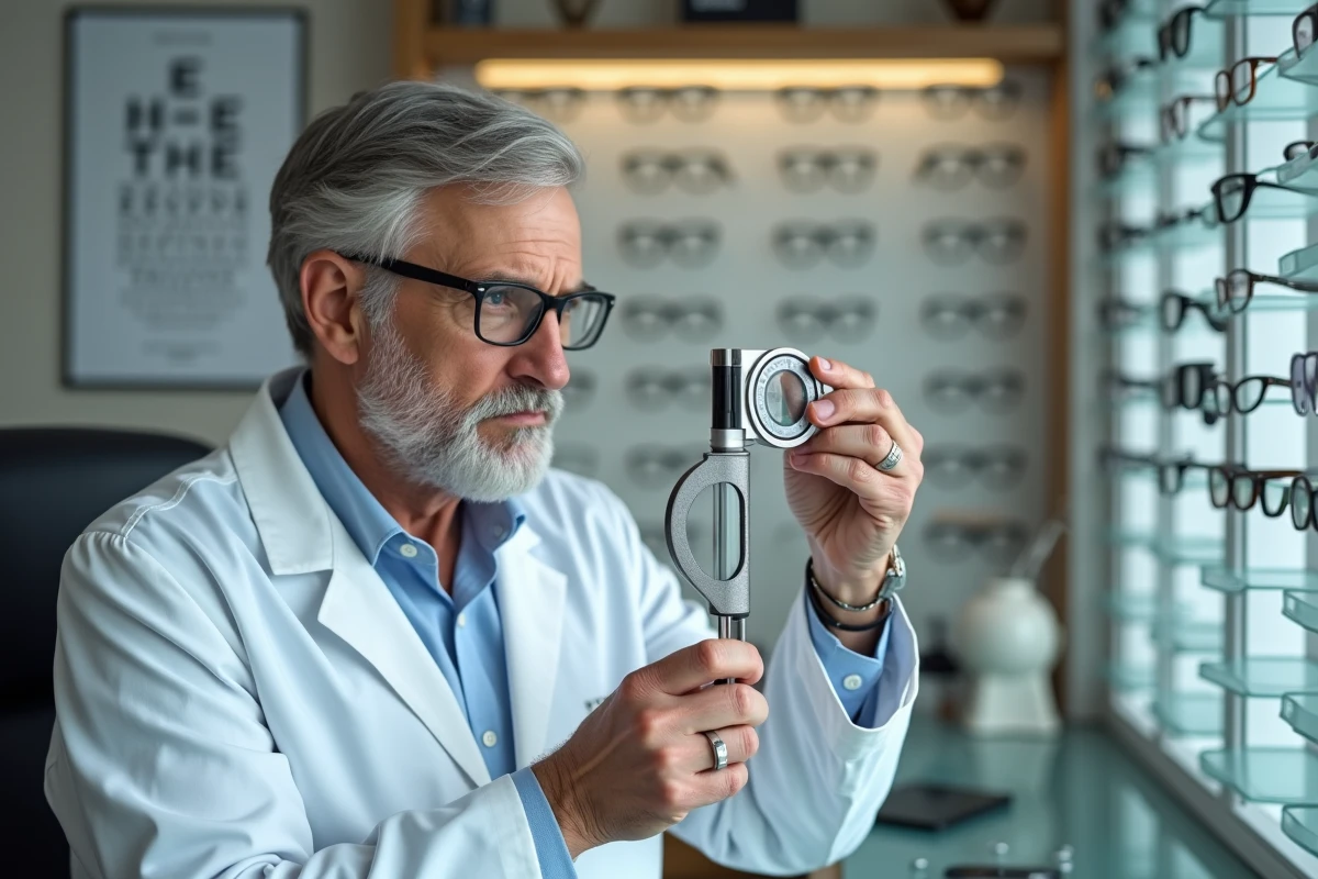 Opticien mesurant l'épaisseur des verres de lunettes avec un instrument de précision en magasin d'optique