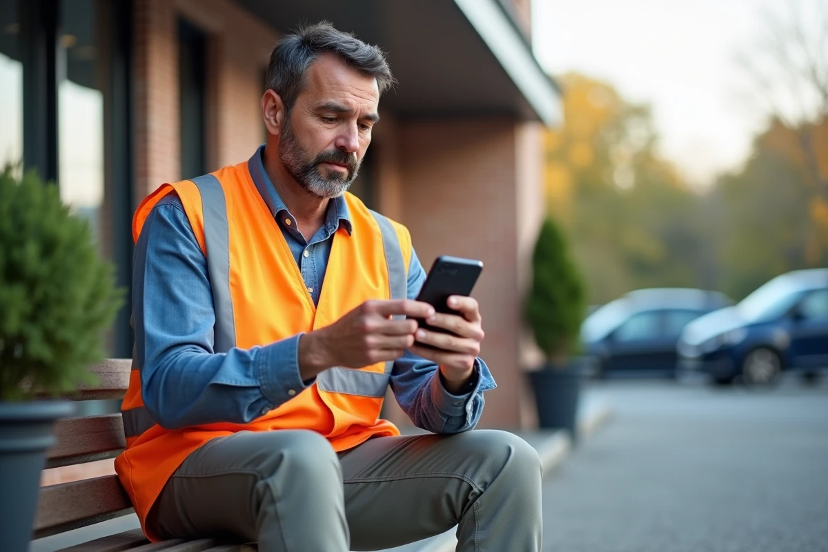 Un ouvrier en gilet de sécurité utilise son smartphone pour accéder à un simulateur d'indemnité accident du travail en ligne