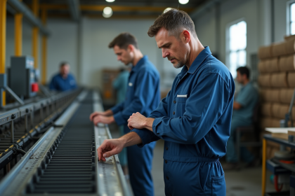 Ouvrier en usine se massant le poignet dans un environnement industriel