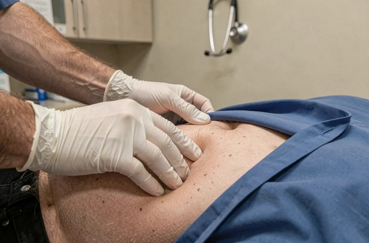 Médecin palpant les ganglions inguinaux d'un patient lors d'un examen clinique en cabinet