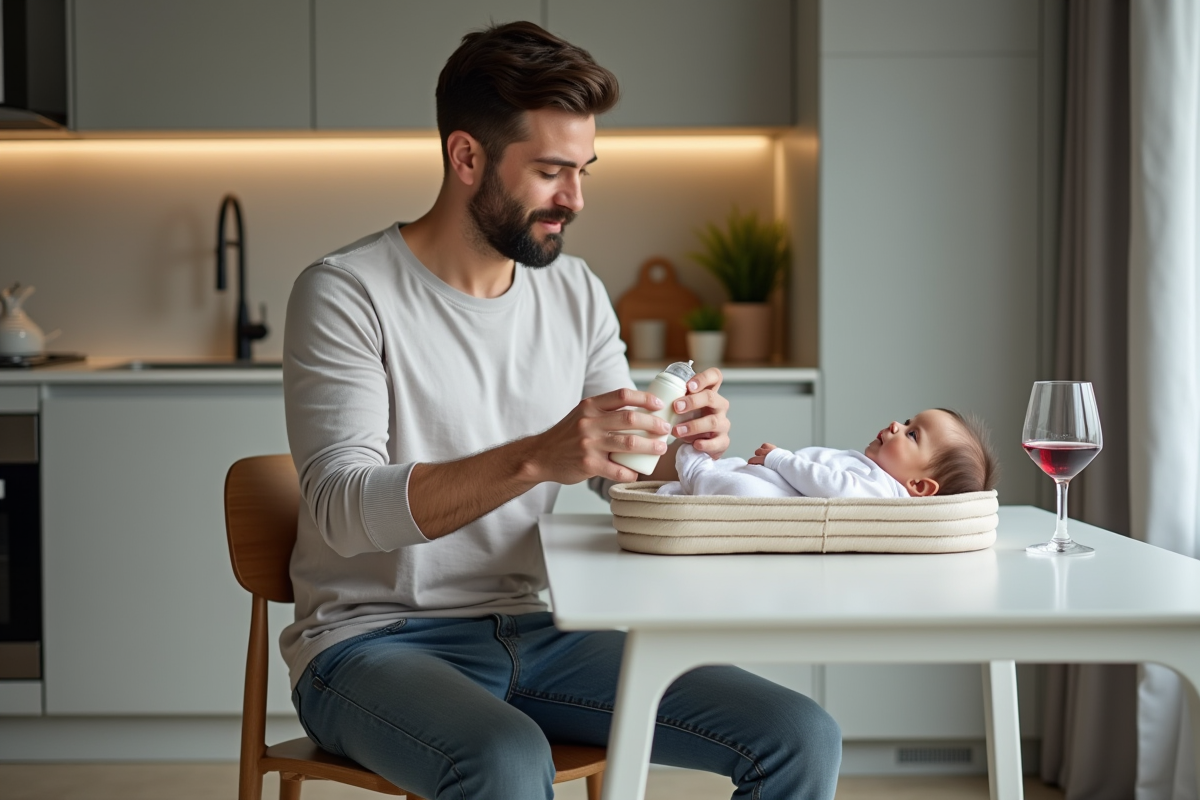Père préparant un biberon dans la cuisine moderne