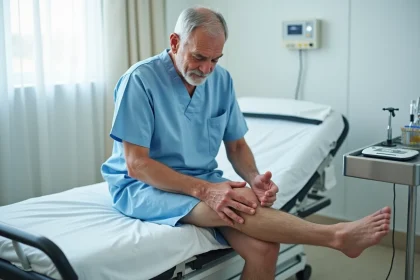 Patient diabétique âgé examinant une douleur dans le mollet, symptôme possible d'artères des jambes bouchées