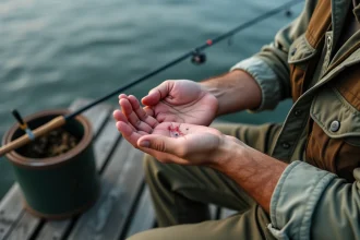 Pêcheur examinant une morsure de brochet sur la paume de la main au bord d'un lac