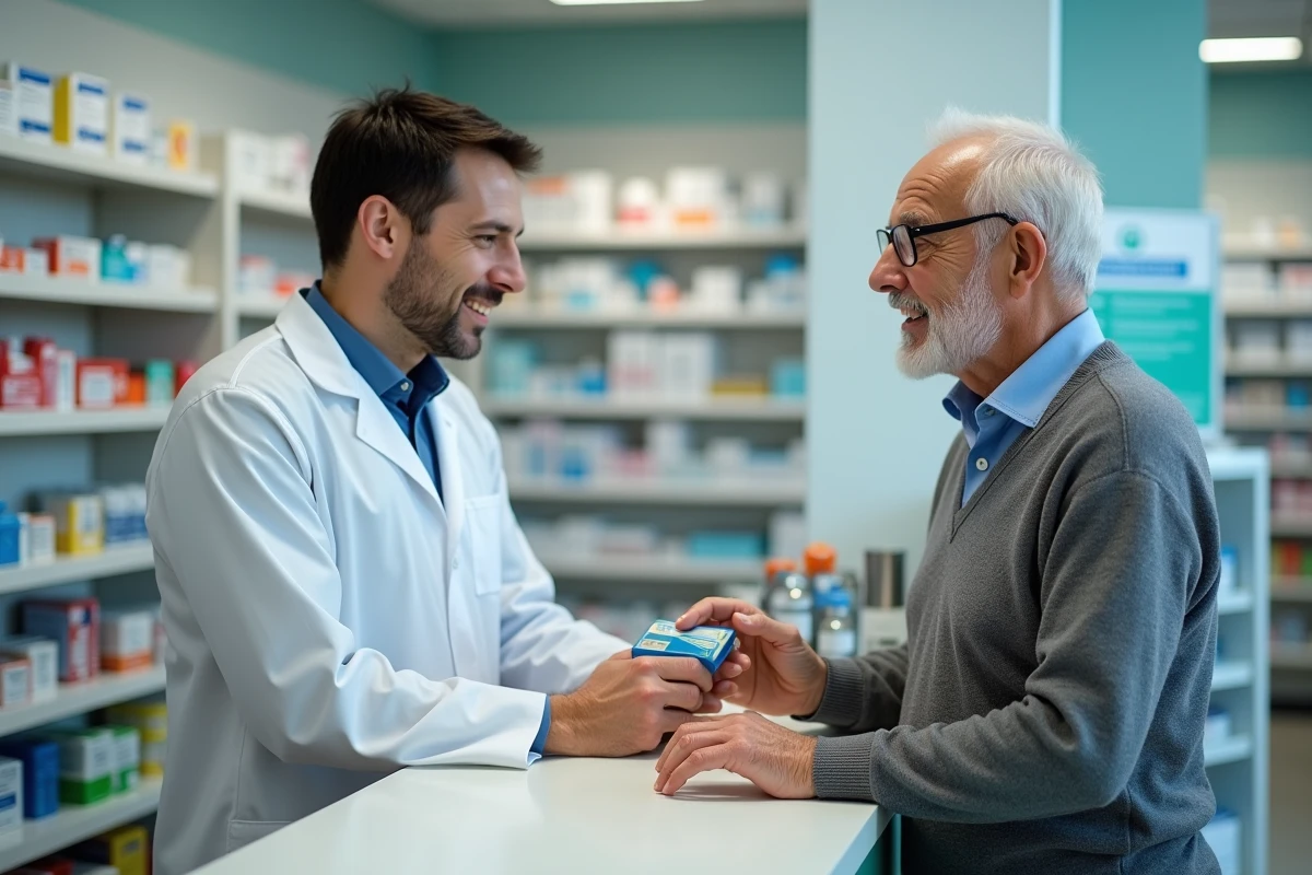 Pharmacien remettant une boîte de Phytargile concentré à un patient âgé souffrant d'arthrose du genou lors d'une consultation officinale
