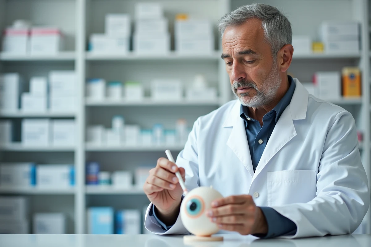 Pharmacien expliquant la technique d'application d'une pommade ophtalmique sur un modèle oculaire dans une pharmacie moderne