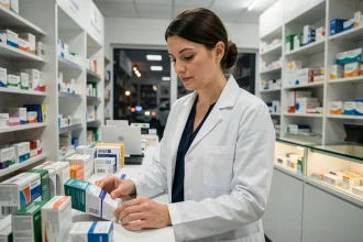 Pharmacienne de garde en blouse blanche derrière le comptoir d'une pharmacie ouverte la nuit dans le Maine-et-Loire
