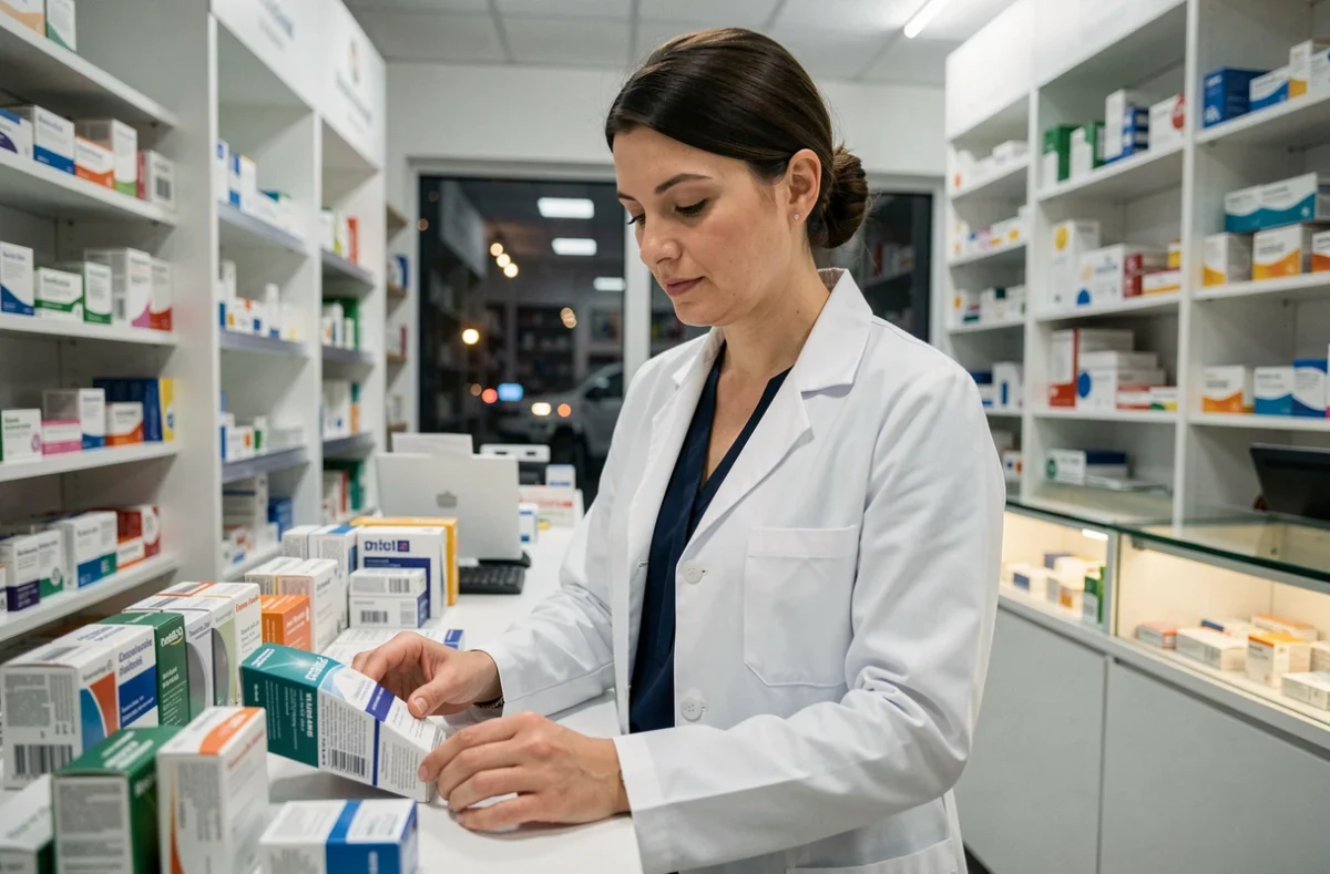 Pharmacienne de garde en blouse blanche derrière le comptoir d'une pharmacie ouverte la nuit dans le Maine-et-Loire