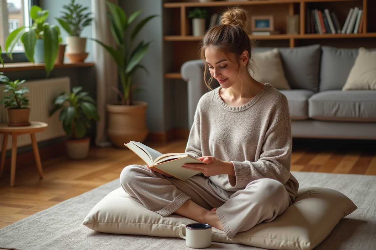 Femme assise en tailleur sur un coussin de sol dans un salon cosy, posture adaptée au confort féminin