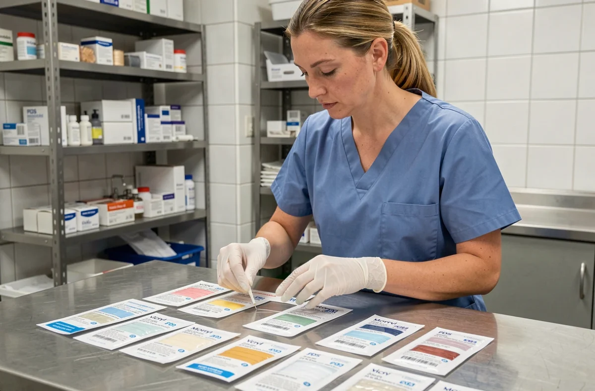 Professionnel de santé comparant différents paquets de fils de suture résorbables sur un comptoir chirurgical en acier inoxydable