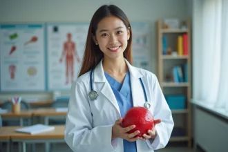 Jeune femme médecin tenant un modèle cellulaire rouge