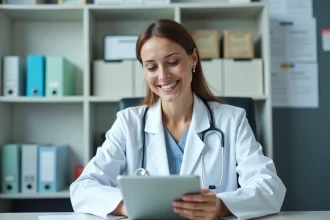 Professionnelle de santé femme en blouse blanche dans un bureau hospitalier