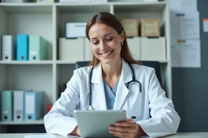 Professionnelle de sant&eacute; femme en blouse blanche dans un bureau hospitalier