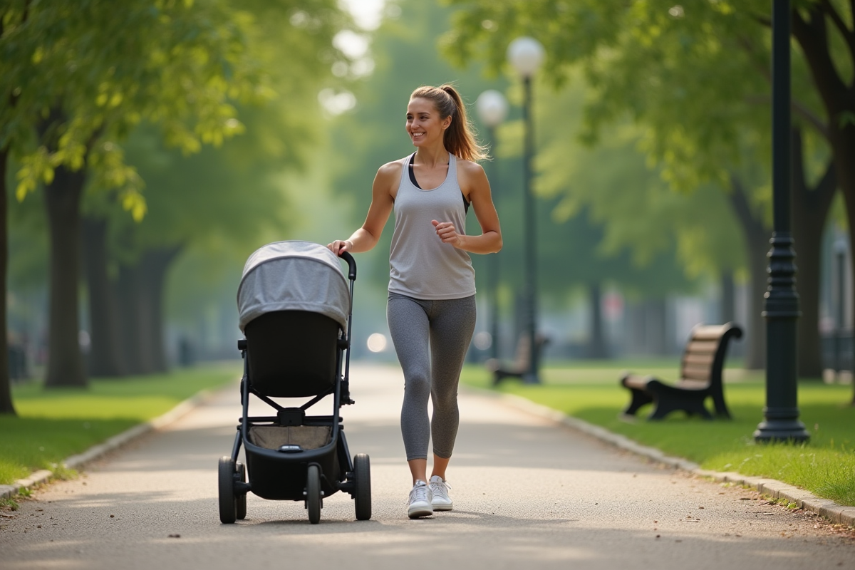 Maman marche avec poussette dans un parc urbain