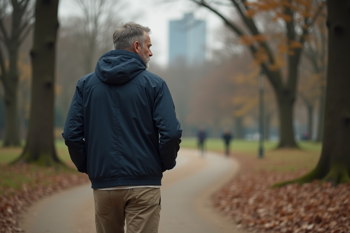 Homme marchant dans un parc boisé tranquille