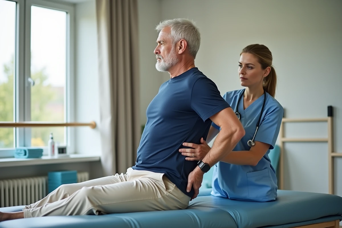 Patient en rééducation post-opératoire après une chirurgie de la sciatique avec un kinésithérapeute dans un centre de réhabilitation à Tours