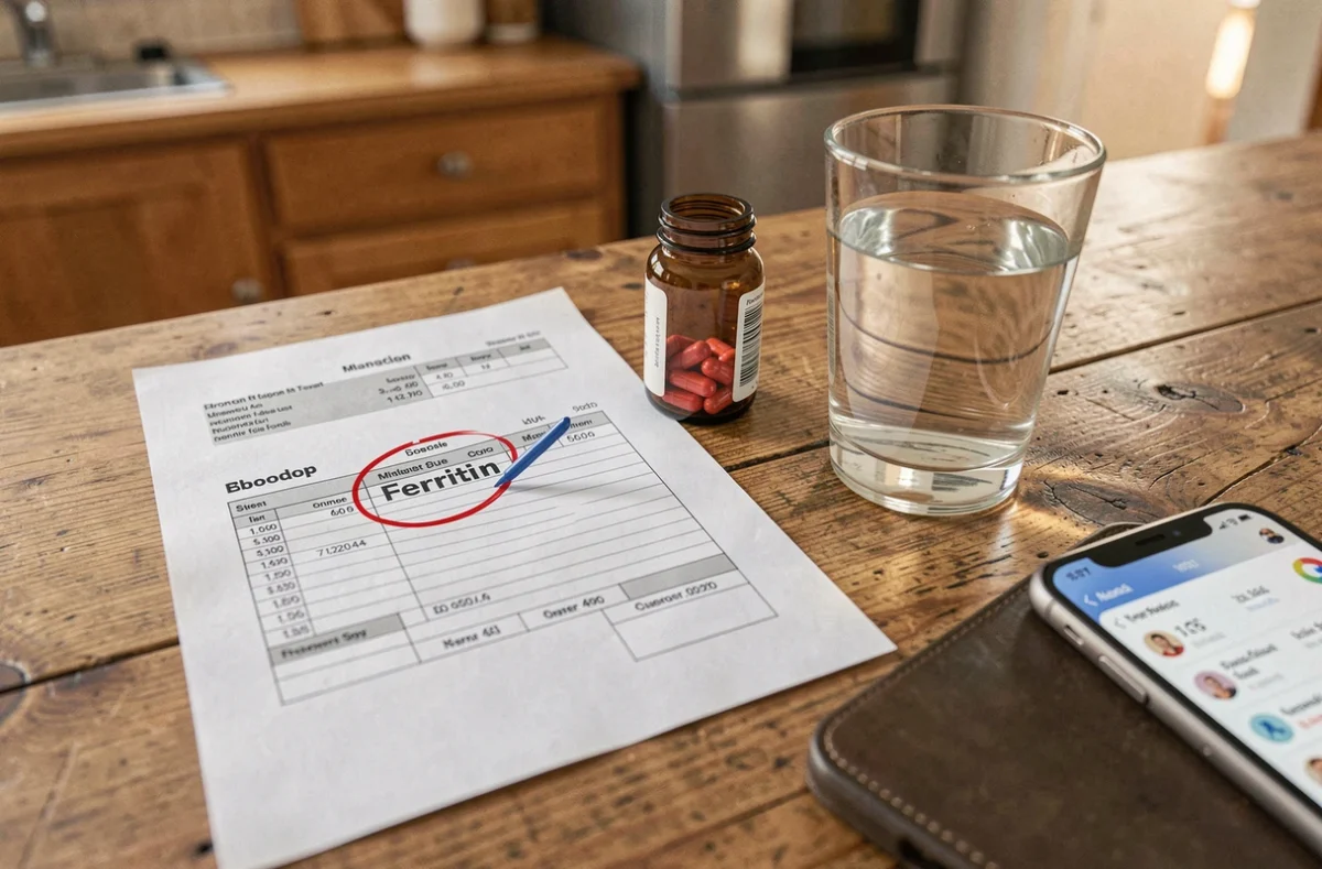 Résultats de prise de sang avec ferritine basse posés sur une table avec des compléments en fer