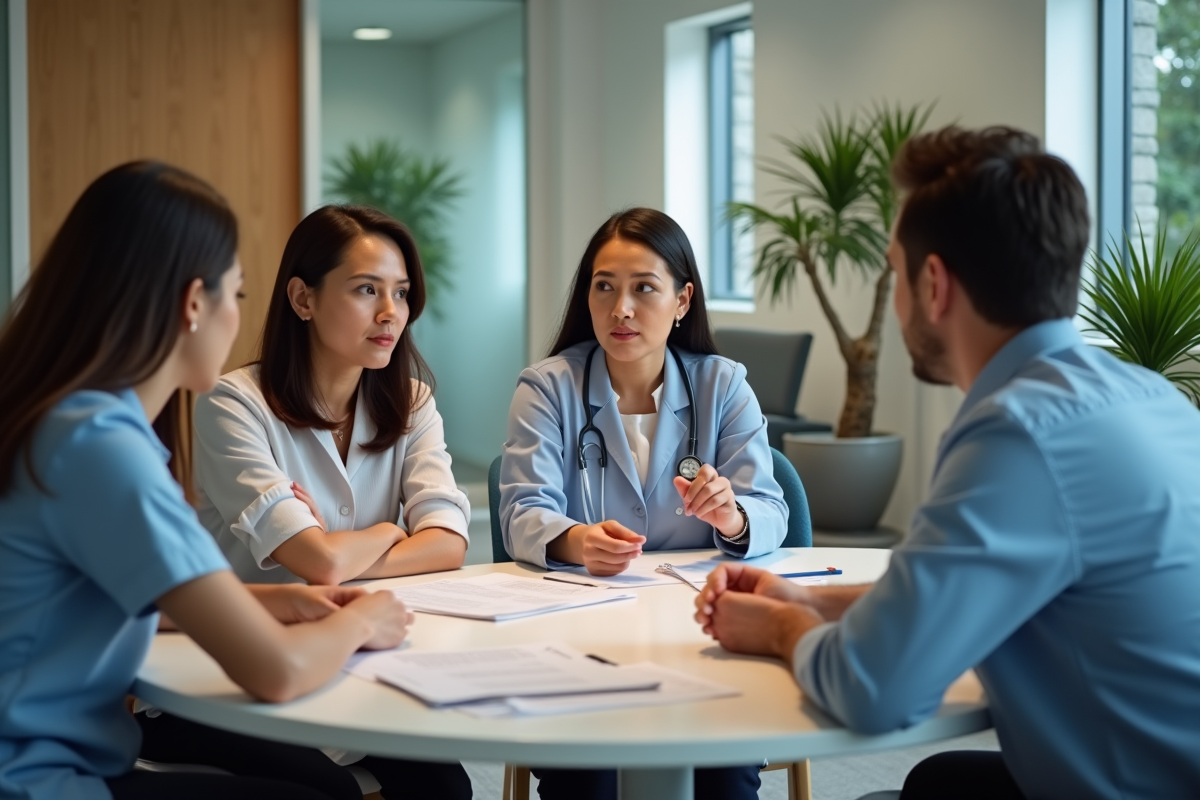 Groupe de professionnels de santé en réunion dans une salle de pause moderne