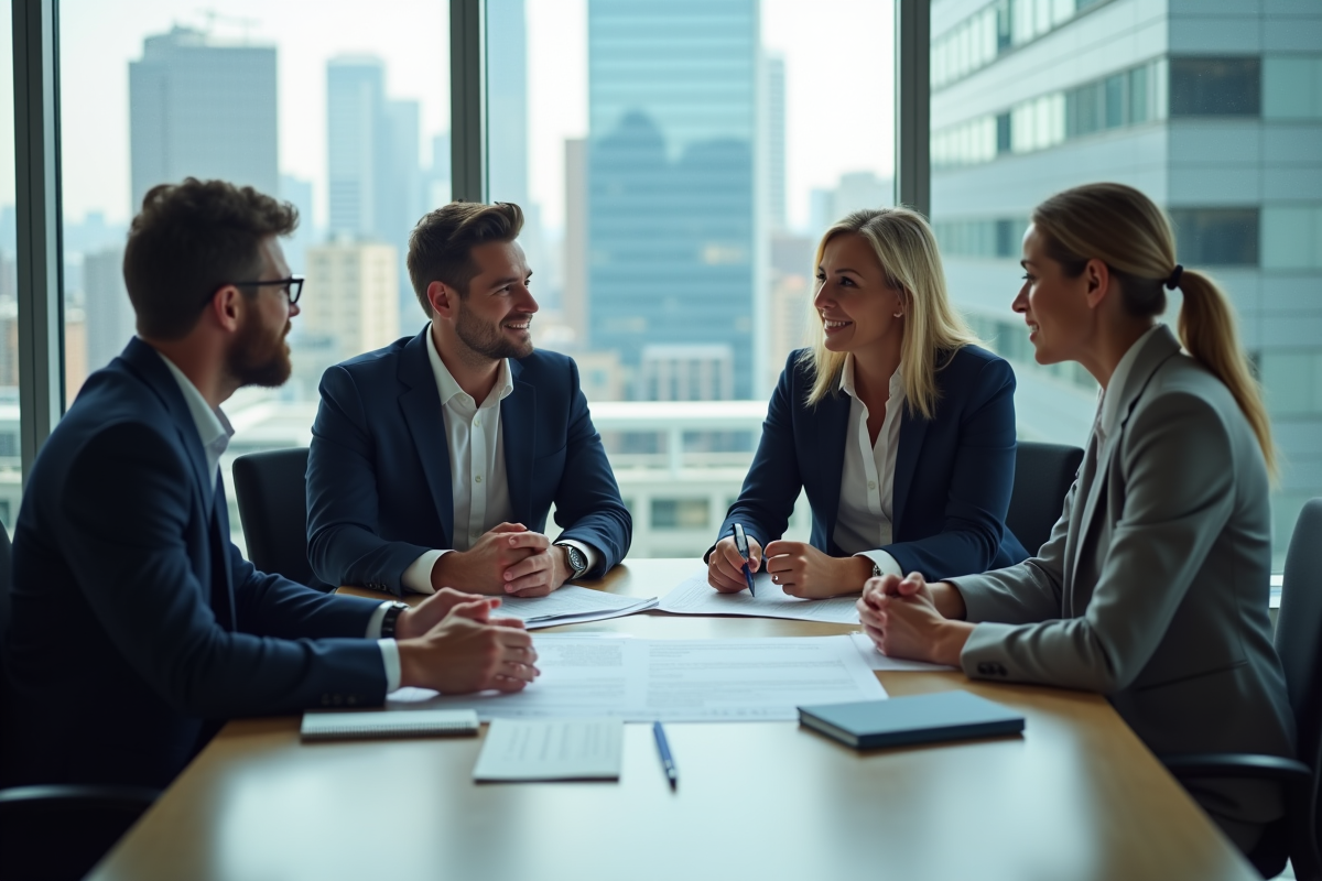 Groupe de collègues discutant plan d evacuation en salle moderne