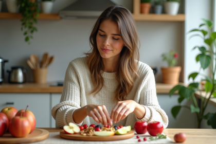Jeune femme prépare une salade de fruits dans une cuisine lumineuse