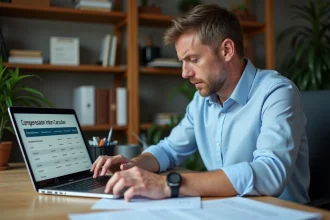 Un homme en chemise de travail consulte un simulateur de calcul d'indemnité accident du travail sur son ordinateur portable