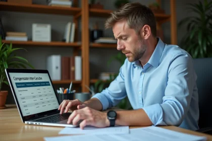Un homme en chemise de travail consulte un simulateur de calcul d'indemnité accident du travail sur son ordinateur portable