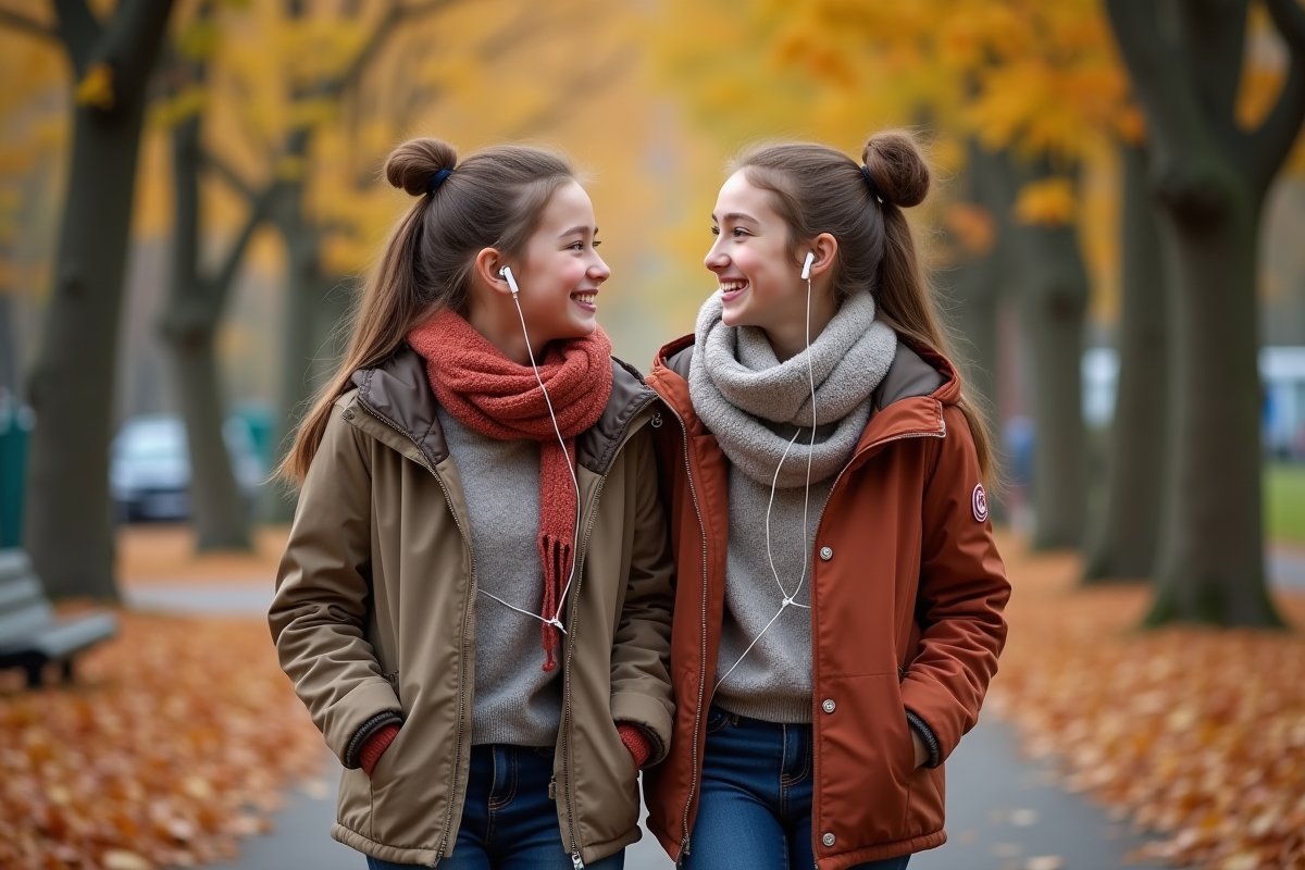Adolescentes jumelles marchant dans un parc automnal