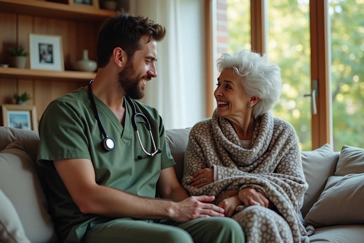 Jeune infirmier parlant avec une femme dans un salon chaleureux