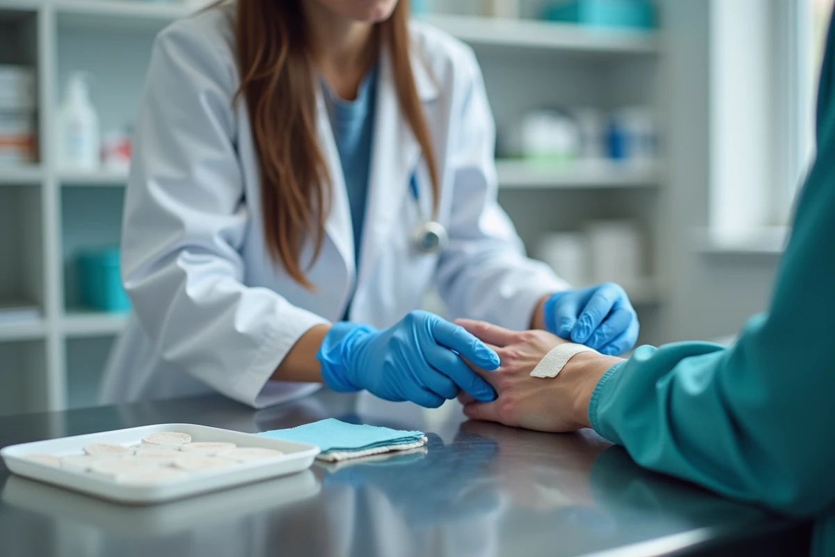 Infirmière soignant une blessure de morsure de brochet sur la main d'un patient en cabinet médical