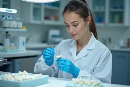 Technicienne dentaire en laboratoire manipulant une facette dentaire