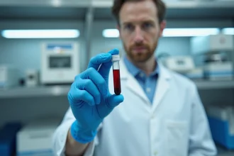 Technicien de laboratoire tenant un flacon de sang pour analyse du groupe sanguin O universel et maladies auto-immunes