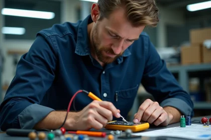 Technicien &eacute;lectronique mesurant une tension dans un circuit sur un &eacute;tabli avec un multim&egrave;tre num&eacute;rique