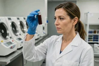Technicienne de laboratoire analysant un tube de sang dans un laboratoire médical moderne pour mesurer les hématies et le VGM