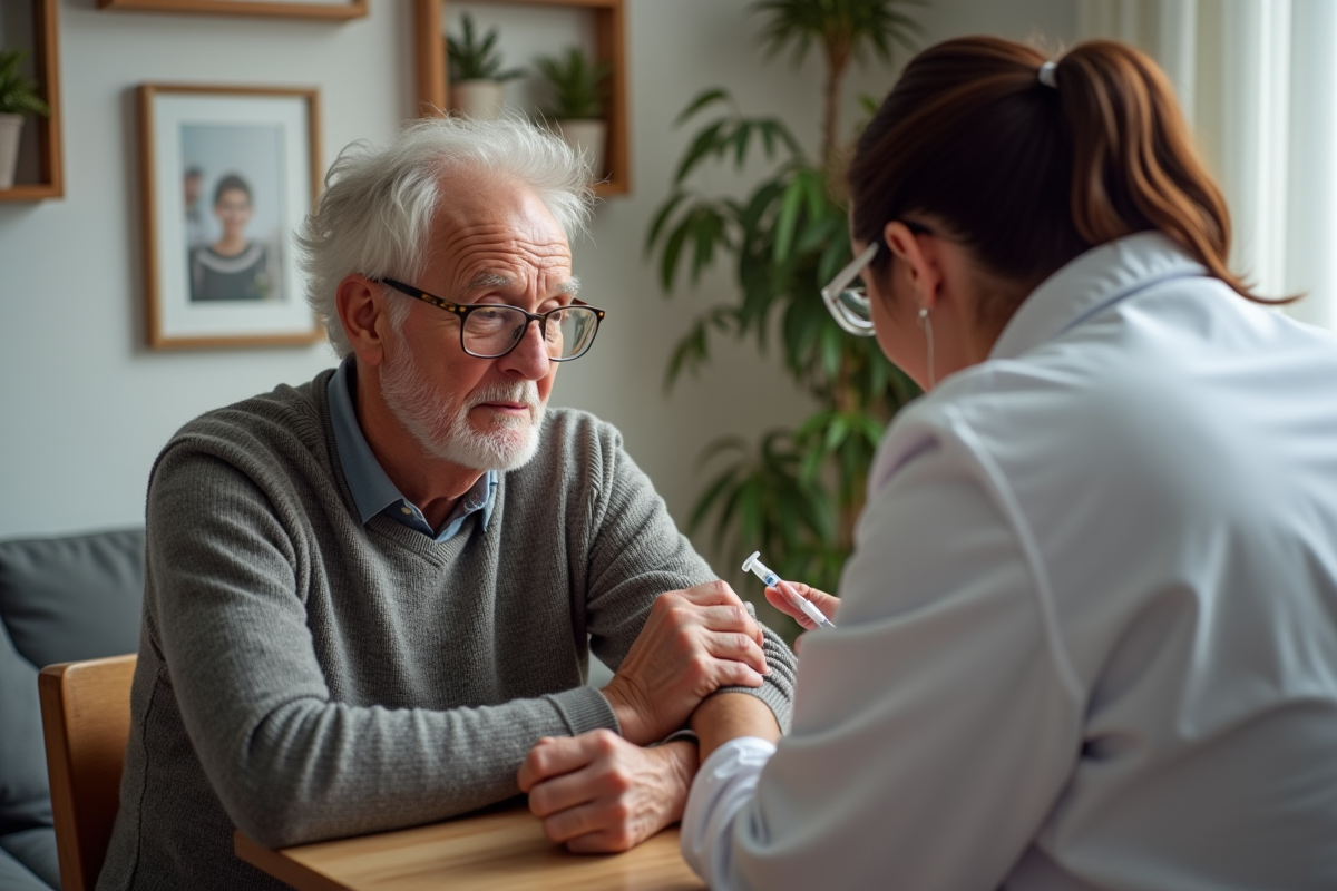 Homme âgé recevant une injection dans son appartement