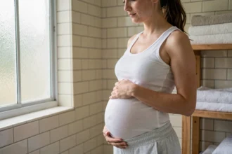 Femme enceinte de 6 semaines de jumeaux tenant son ventre légèrement arrondi, vue de profil dans une salle de bain lumineuse