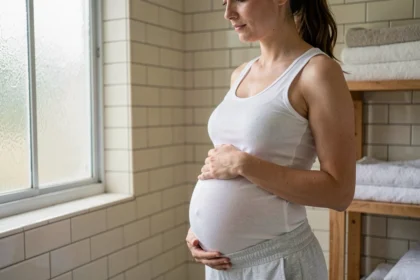 Femme enceinte de 6 semaines de jumeaux tenant son ventre légèrement arrondi, vue de profil dans une salle de bain lumineuse