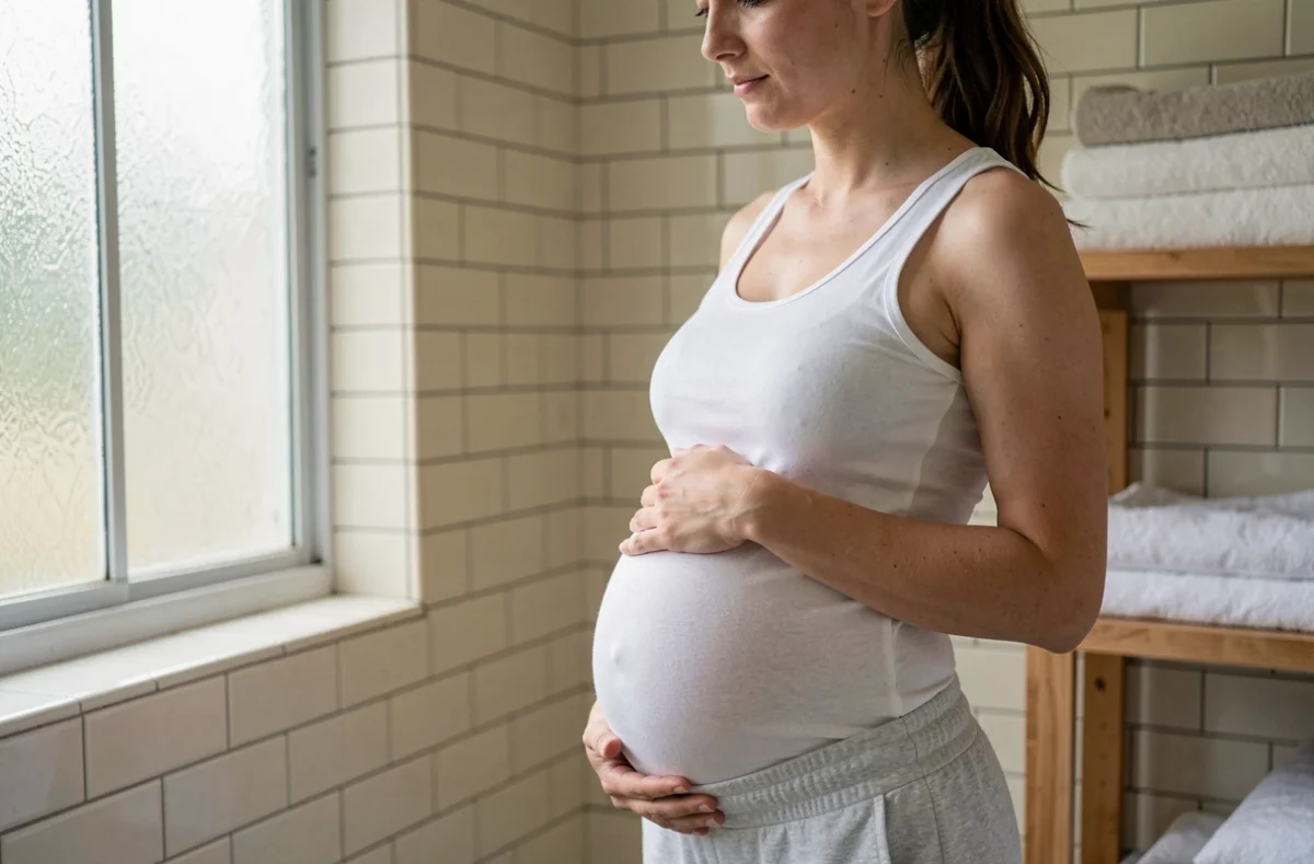 Femme enceinte de 6 semaines de jumeaux tenant son ventre légèrement arrondi, vue de profil dans une salle de bain lumineuse