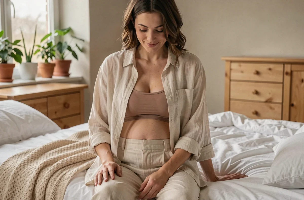 Femme enceinte assise sur un lit, tenant son ventre discret à 6 semaines de grossesse gémellaire dans une chambre cosy