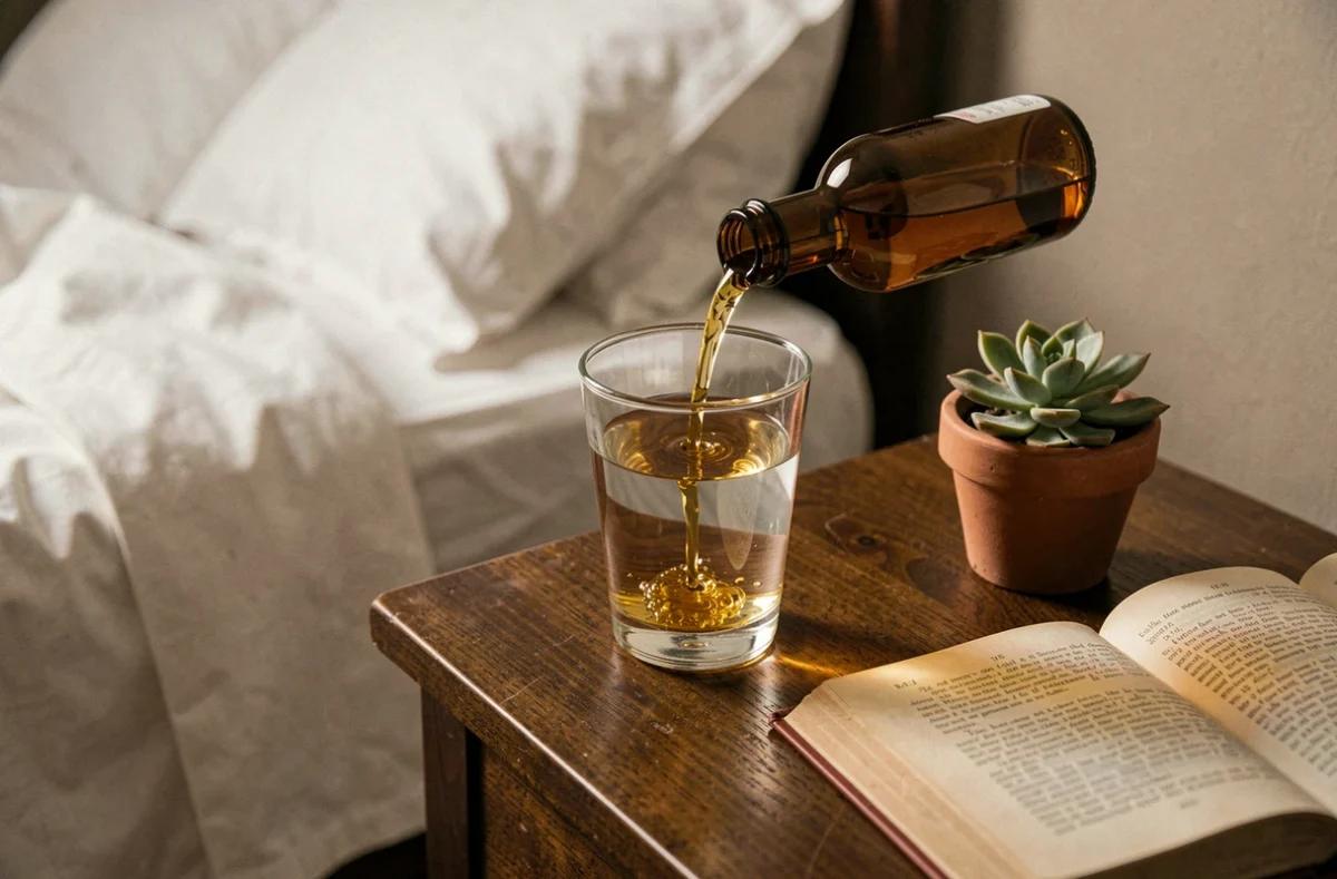 Verre d'eau chaude avec du vinaigre de cidre versé depuis une bouteille ambrée posé sur une table de nuit en bois pour aider la digestion avant de dormir