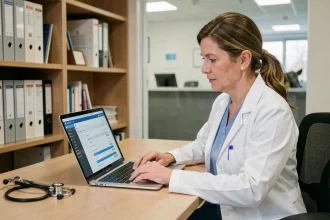 Vétérinaire analysant un logiciel de gestion vétérinaire sur son ordinateur dans une clinique moderne