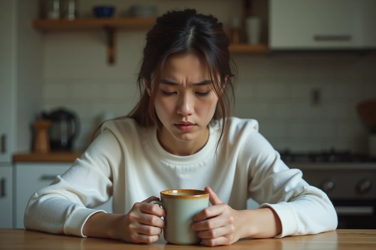 Femme épuisée tenant une tasse dans une cuisine, regard vide, illustrant les séquelles psychologiques après une relation toxique