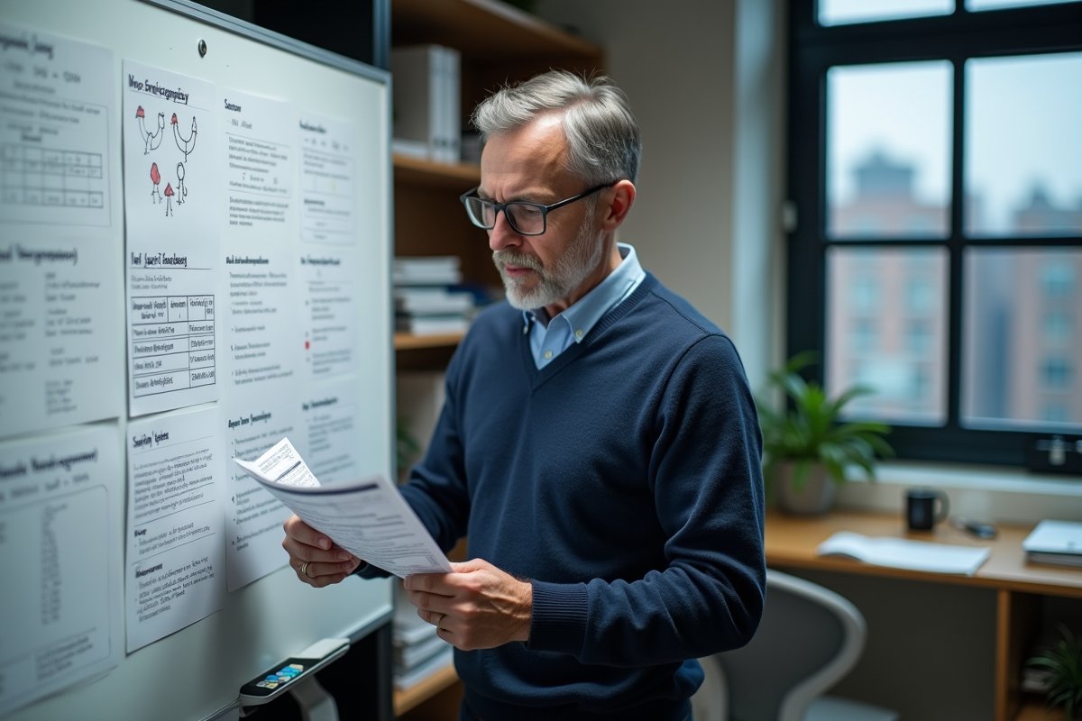 Virologiste analysant un rapport genetique dans son bureau